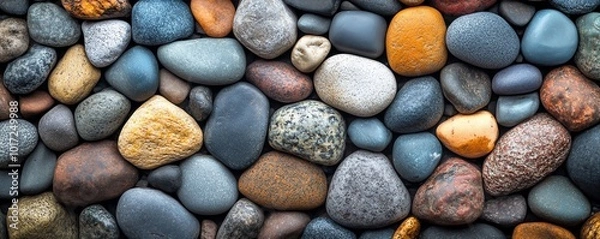 Fototapeta A table surface covered with an array of stones and pebbles, meticulously arranged side by side to create a natural and calming display