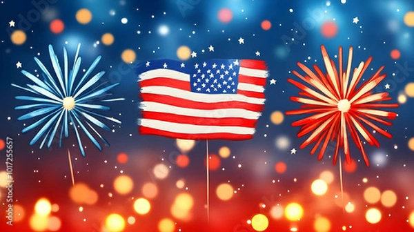 Fototapeta A festive display featuring a U.S. flag and colorful fireworks.