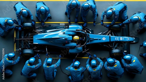 Fototapeta A Formula 1 pit stop with a team working on a race car.