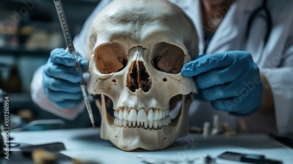 Fototapeta Anatomy of human skull bones and sutures forensic anthropologist with measuring tools laboratory background