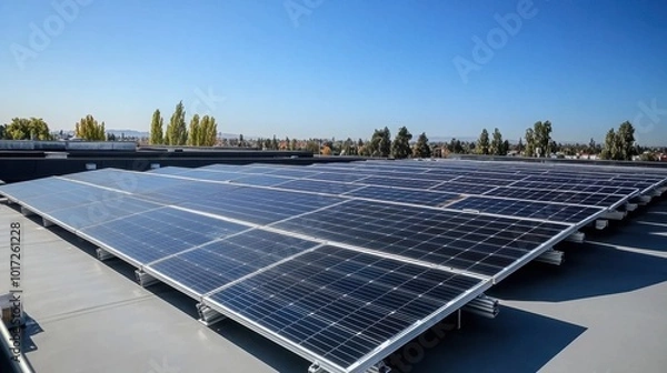 Fototapeta A rooftop covered in solar panels with clear blue skies above, showcasing renewable energy solutions.