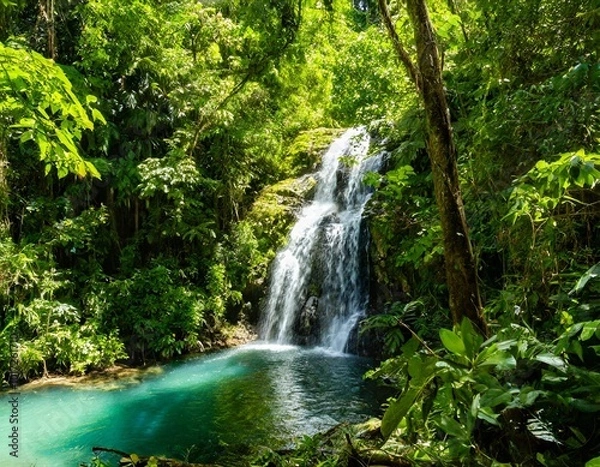 Fototapeta Crystal Clear Water Cascading Down a Hidden Jungle Waterfall, Surrounded by Thick Foliage and Vibrant Greenery, with Tropical Birds Echoing Through the Dense Forest Canopy