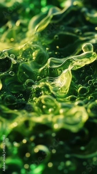Fototapeta Close-up of vibrant green liquid bubbles forming a mesmerizing texture.