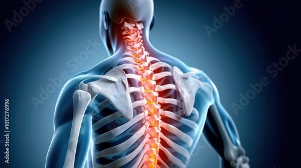 Fototapeta Detailed illustration of human spine anatomy showing vertebrae and surrounding structures. Ideal for educational purposes related to health and medical fields.