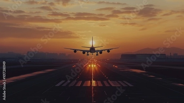 Fototapeta Airplane taking off or landing, taxiing on runway in the afternoon or sunrise