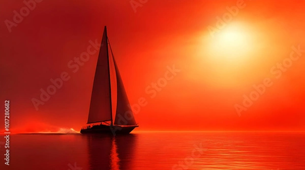 Fototapeta A serene sailboat gliding across a glowing sunset sea.