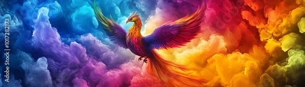 Fototapeta Vivid colorful phoenix soaring through a rainbow sky, symbolizing rebirth and renewal. Bright and vibrant digital artwork illustration.