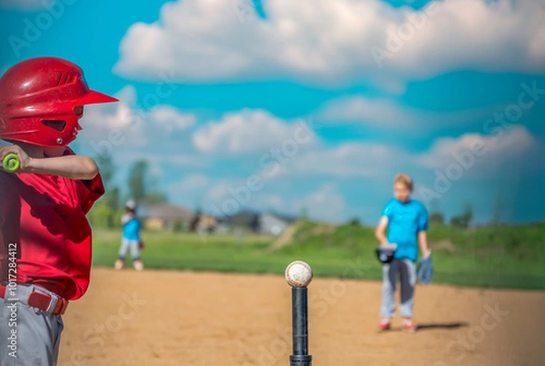 Fototapeta Youth batter hitting a tee ball into an open field at game