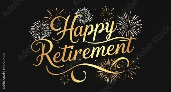 Obraz happy retirement calligraphic gold lettering with fireworks on plain black background