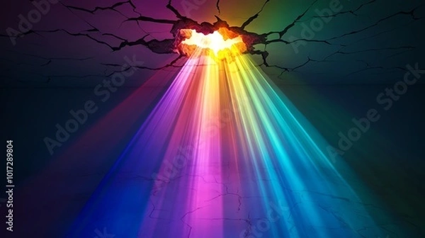 Fototapeta Vibrant beams of rainbow light shine through a cracked surface, creating a dramatic and colorful visual effect in dark surroundings.