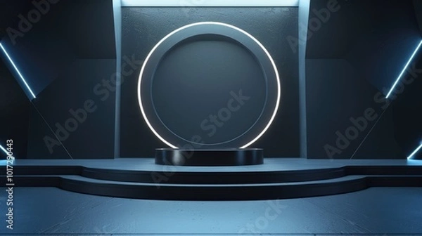 Fototapeta Futuristic Black Platform with Circular Neon Lights
