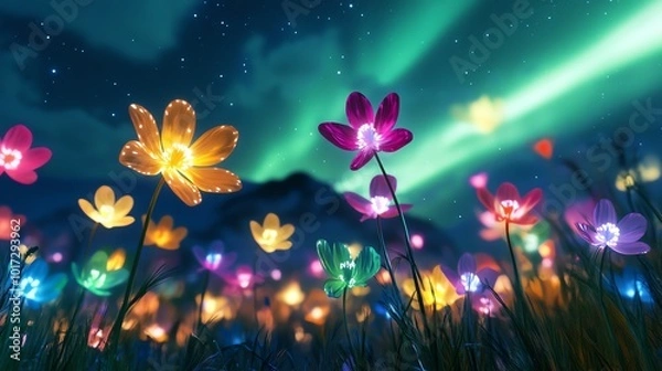 Fototapeta Vibrant fantasy flowers under a dazzling aurora borealis sky, creating a magical and surreal nighttime landscape full of color and wonder.