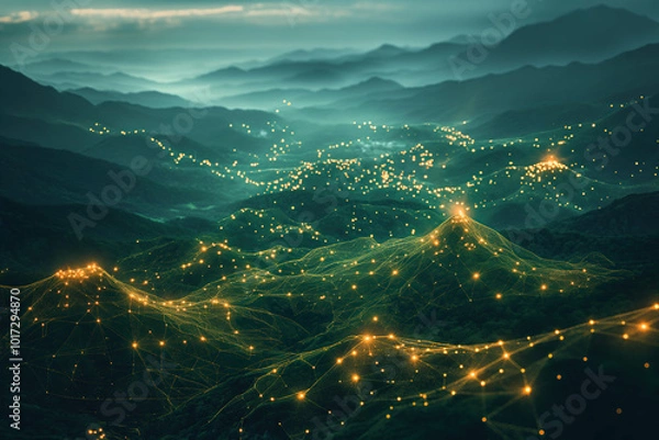 Fototapeta landscape showing network expansion on countryside, light beams in shape of ground level, glowing data points, misty background, photorealistic, OeE