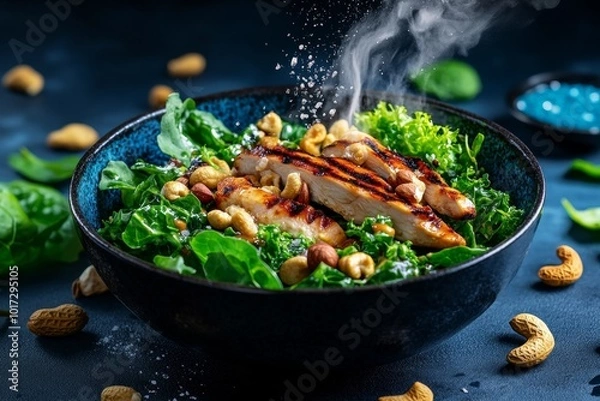 Fototapeta Watercolor depiction of a colorful keto salad with leafy greens, nuts, and grilled chicken, with soft brushstrokes symbolizing health and vitality