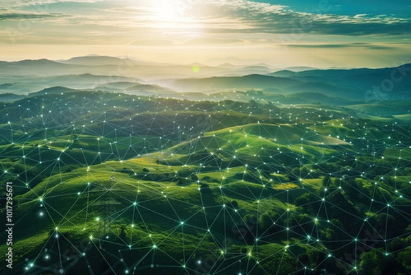 Fototapeta landscape showing network expansion, endless green hills at sunrise, grid overlaying scene, digital mesh pattern, technology, connected future, photorealistic, OeE