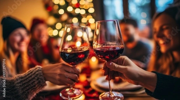 Fototapeta Celebrating Christmas with loved ones over a meal and non-alcoholic red wine