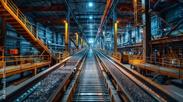 Fototapeta Conveyor belts in a large-scale industrial factory with heavy machinery handling bulk materials, showcasing the work environment