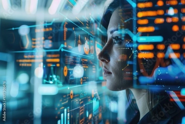 Fototapeta A futuristic holographic financial advisor provides AI-driven insights on a digital display, highlighting advanced personal finance management tools