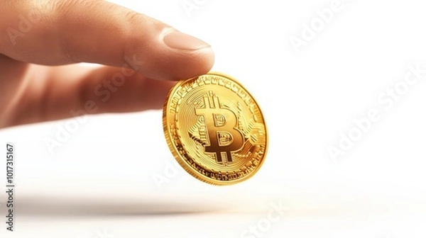 Fototapeta Hand holding a golden bitcoin, white isolated background.
