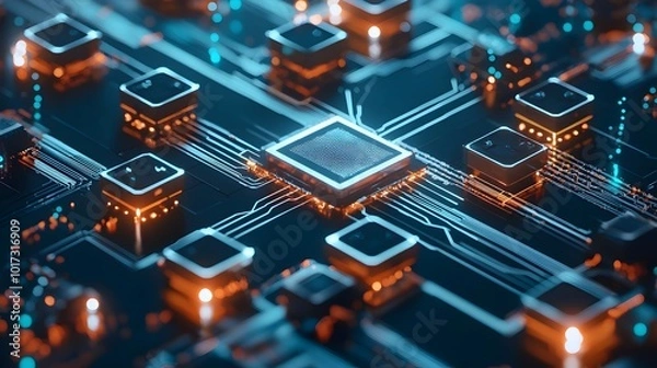 Obraz Digital ledger and cryptocurrency transactions represented by blockchain symbols viewed from the top showcasing the financial technology and cybernetic tone with a split complementary color scheme