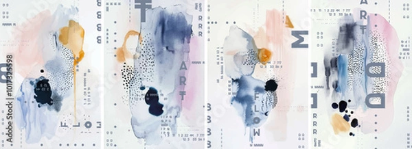 Fototapeta A series of abstract watercolor designs for posters or covers with pastel colors and black accents. Each design is filled with delicate brushstrokes and splashes of colors.