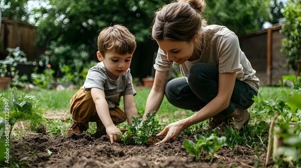 Fototapeta Mother and son gardening together in a backyard setting side view symbolizing the caring learning and growth of a family bond  The image features an analogous color scheme for a natural