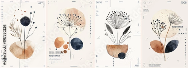 Obraz Set of four modern abstract illustrations with plants and flowers, geometric shapes, circles and organic forms on a beige background. Watercolor paintings with earthy tones in a boho style.