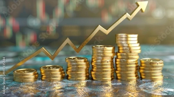 Fototapeta Financial Growth Visualization: 3D Investment Background with Currency, Cash, and Arrow Graph Strategy for Market Chart