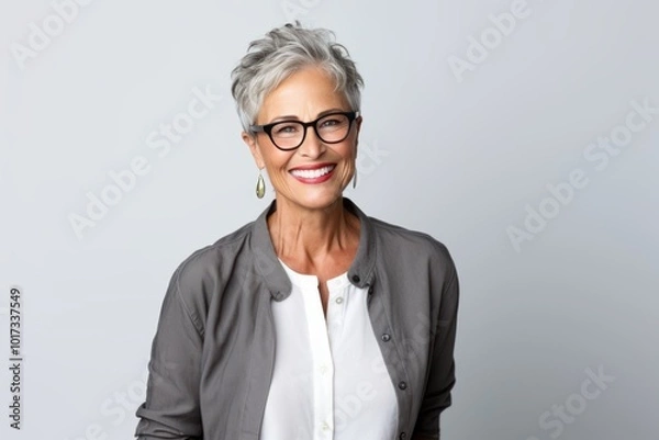 Obraz Portrait of happy senior businesswoman in eyeglasses smiling at camera while standing against grey background
