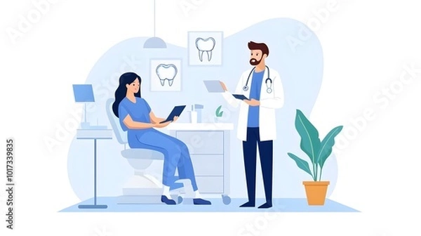 Fototapeta Futuristic scene of a dental healthcare team including doctors and nurses