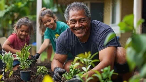 Fototapeta A Pacific Islander family smiling while planting trees in their backyard, finding joy in eco-friendly living