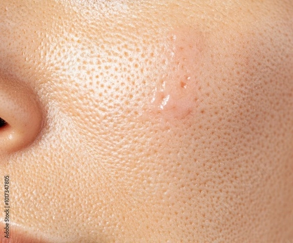 Obraz A closeup of problematic skin with visible acne and redness before treatment, set against a neutral background, ideal for skincare tutorials and product use.