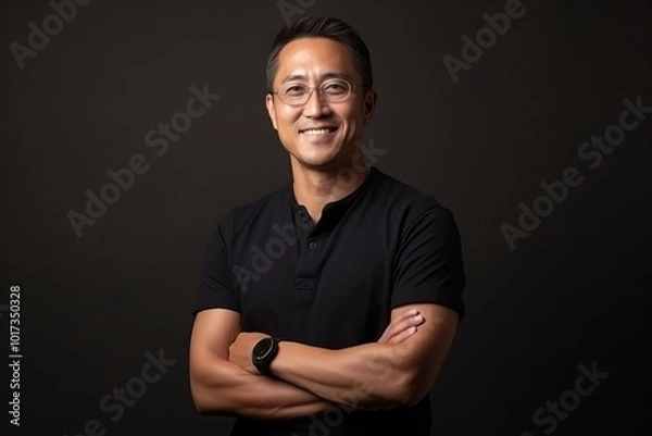 Obraz Portrait of a happy asian man with arms crossed over black background