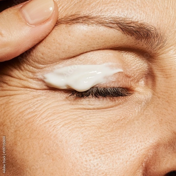 Fototapeta A high-resolution image of a woman applying anti-aging cream to her forehead to reduce wrinkles, with a neutral background and soft texture focusing on her face and skincare.