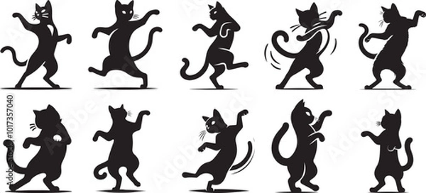 Fototapeta A cat silhouette doing the cha cha, paws in mid sway vector style shape solid white background