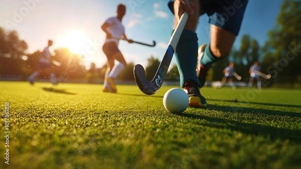 Fototapeta Dynamic field hockey players chasing the ball on a bright green sports field with intense focus and fast paced action as the sun casts long shadows across the playing surface