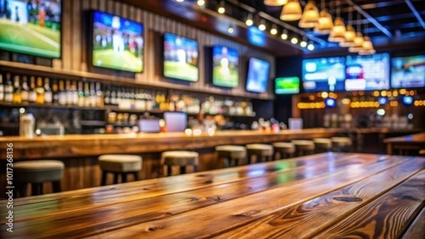 Obraz Empty wooden counter in sports bar with blurred TV displays showing various sporting events in the background, Sports bar