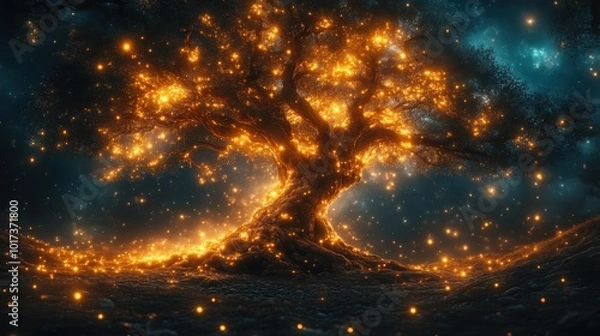 Obraz Illuminated Tree Of Life With Glowing Orange Particles In A Dark Mystical Forest Under A Starry Sky