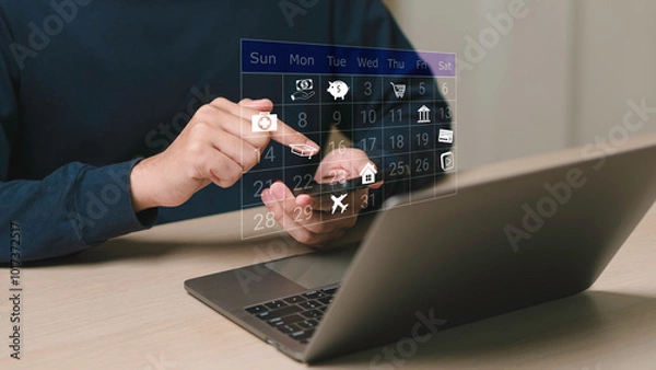 Fototapeta calendar to make management concept , working with note to smartphone and laptop. Managing The Finances Of The Business. Bill Payments, Income And Expense Tracking, Monthly Budget, Savings.