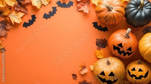 Fototapeta Halloween themed flat lay with orange backdrop and ample copy space