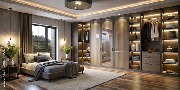 Fototapeta Chic corner wardrobes offer efficient space-saving storage and elevate modern bedroom decor, blending style and practicality seamlessly for a contemporary living environment.