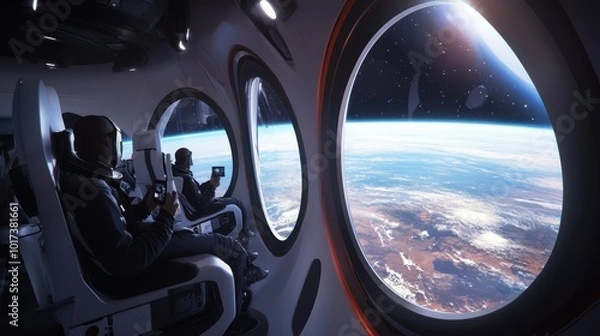Obraz A group of space tourists floating outside the atmosphere in a commercial space flight, taking photos of Earth and the vastness of space through large transparent windows.