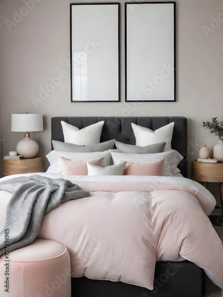 Fototapeta Two mockup frames in bedroom interior background, mockup frame design, frame mockup