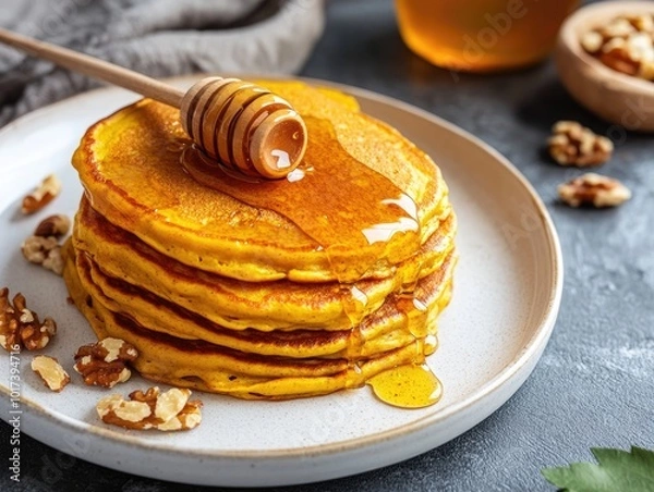 Fototapeta Delicious pumpkin pancakes with honey and nuts on a white plate