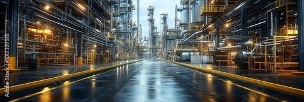 Fototapeta A large industrial area with many pipes and a lot of lights