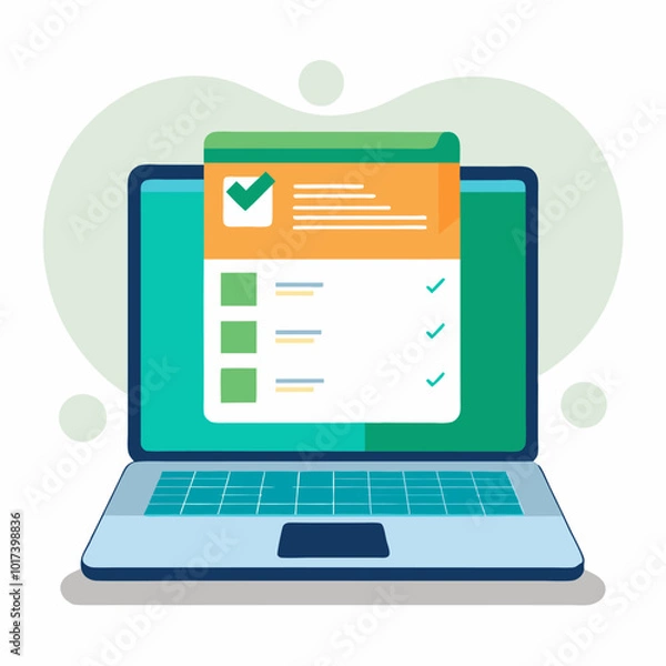 Fototapeta Online form survey on laptop vector illustration, working on computer quiz exam paper sheet document, on-line questionnaire results on desktop table flat cartoon, digital check list or internet test