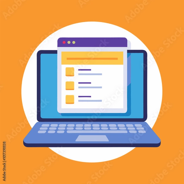 Fototapeta Online form survey on laptop vector illustration, working on computer quiz exam paper sheet document, on-line questionnaire results on desktop table flat cartoon, digital check list or internet test