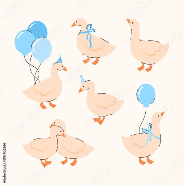 Obraz Set of cartoon geese with blue bows and balls. Birthday elements. Flat vector illustration.