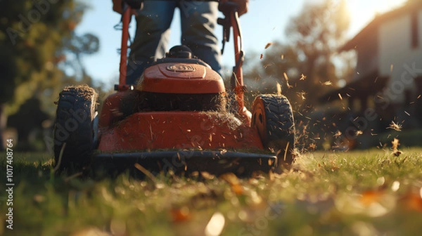 Obraz Man Mowing Lawn Close-up
