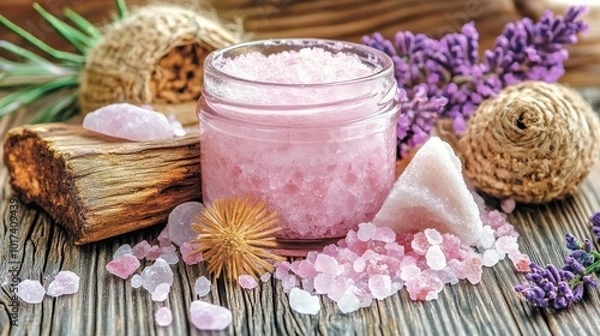 Obraz A luxurious jar of Himalayan salt scrub cream, rich and creamy texture, designed for exfoliation and revealing brighter, radiant skin, with soft pink salt crystals on the surface